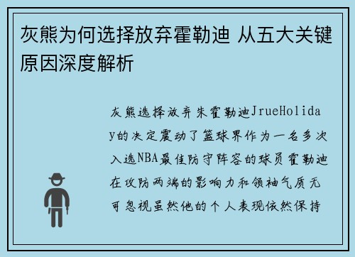 灰熊为何选择放弃霍勒迪 从五大关键原因深度解析 灰熊为何选择放弃霍勒迪 从五大关键原因深度解析