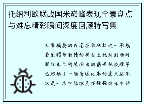 托纳利欧联战国米巅峰表现全景盘点与难忘精彩瞬间深度回顾特写集