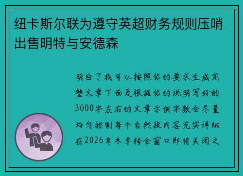 纽卡斯尔联为遵守英超财务规则压哨出售明特与安德森